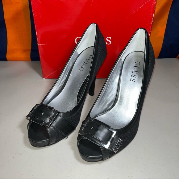 GUESS Peep Toe Heels Malee Platform Stilettos black multifabric size 7 M G print - Picture 2 of 6